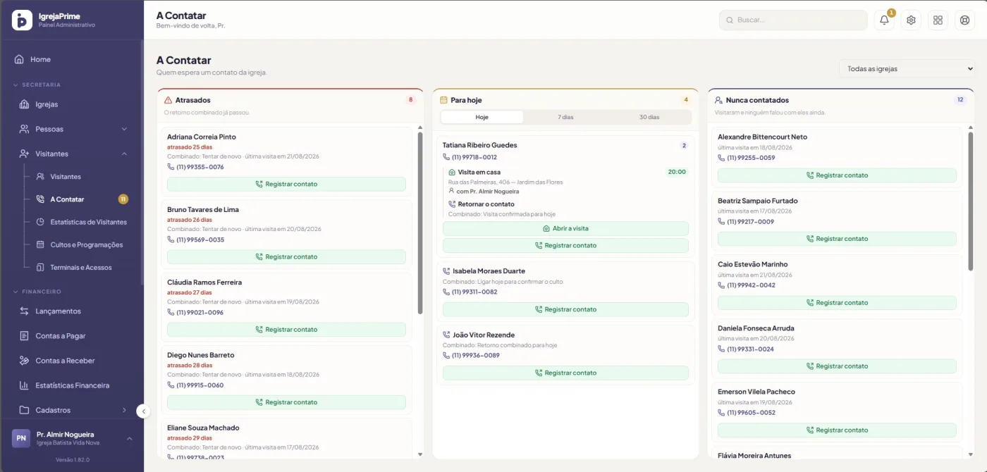 IgrejaPrime follow-up screen: the columns of overdue guests, today's commitments and who has not been contacted yet